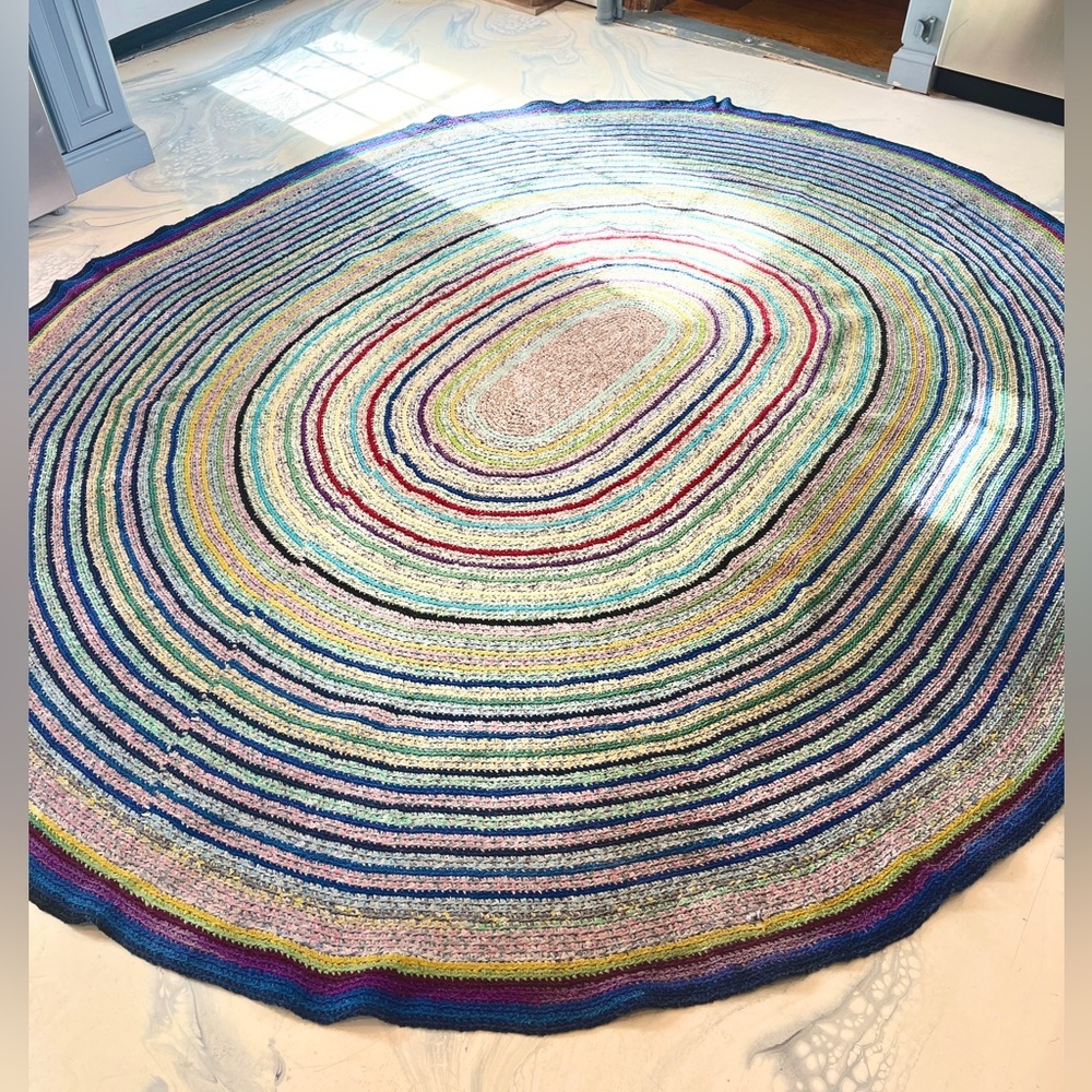 Vintage Multicolor Crochet Large Oval Area Rug | Primitive Americana 102x85